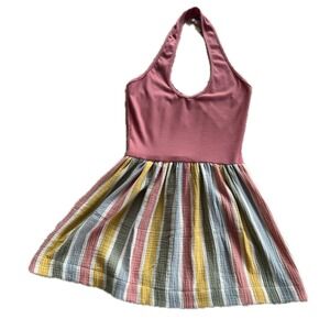 Upcycled Pink Halter Mini Dress Striped Gauze Skirt Boho Sz M Coquette Rosette